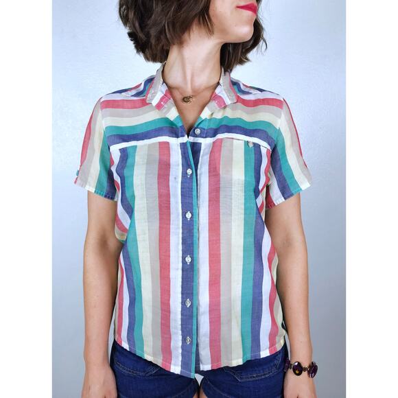 vintage 80s COLORFUL STRIPED Paper Thin BLOUSE soft Large button down shirt top - Picture 6 of 10